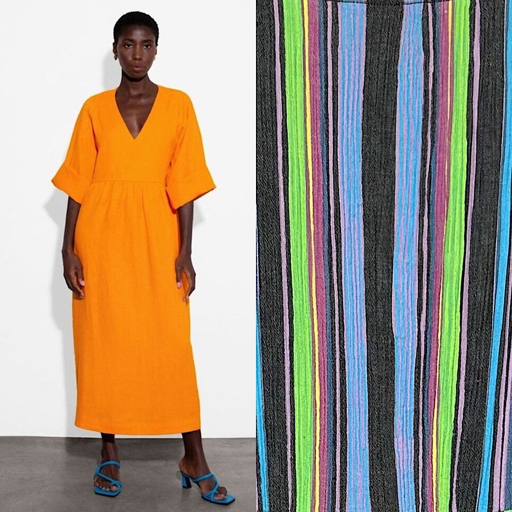 MARA HOFFMAN Colorful Stripe Crinkled Hemp V-Neck Oversized Kaftan Maxi‎ Dress S - Picture 3 of 7